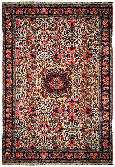 Beige field Persian Bijar rug with pink roses, navy floral border and burgundy central medallion