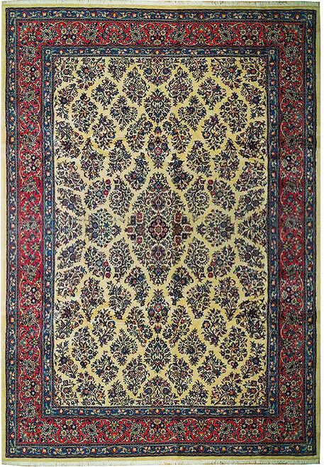 Overhead studio view of cream Persian Sarouk rug with red border and blue floral guards