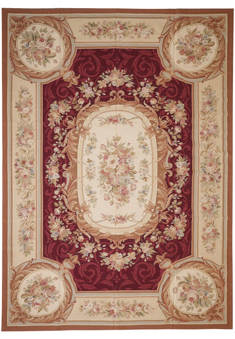 Burgundy and ivory 10 x 14 Aubusson rug with oval rose medallion and corner cartouches