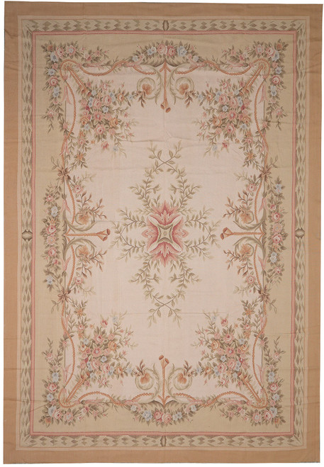 Full overhead view of 10' x 14' French Aubusson flat weave rug with blush field, gold border