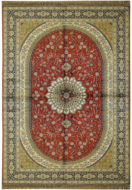 Full view of red silk rug with ivory rosette medallion, gold spandrels and navy floral border