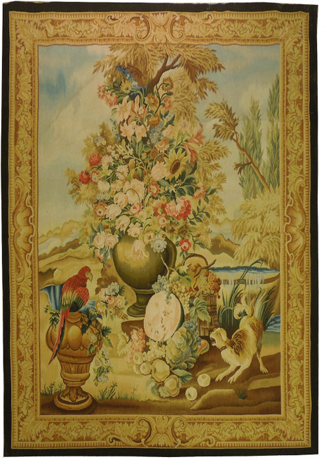 Full view of multi color Aubusson style tapestry rug with floral urn, parrot and dog