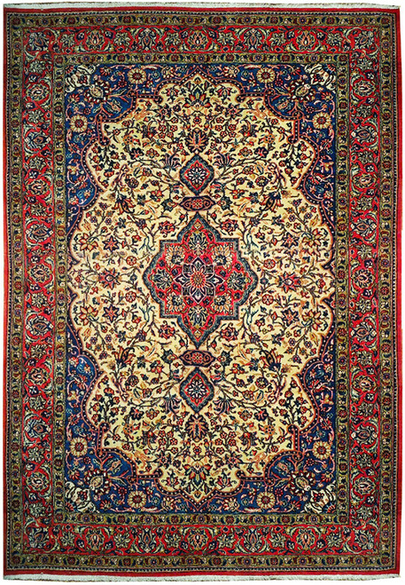 Ivory field Persian Tabriz rug with red star medallion, indigo spandrels and floral red main border