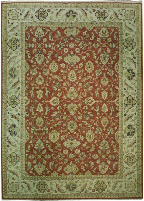 Rust red Ziegler Chobi rug with ivory floral border and all-over palmette vine, full overhead view