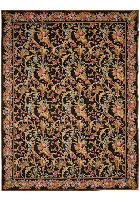 Full overhead view of black needlepoint rug with gold acanthus scrolls and fruit garland border
