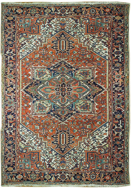 Flat overhead view of semi-antique Persian Heriz rug with rust orange field and navy border