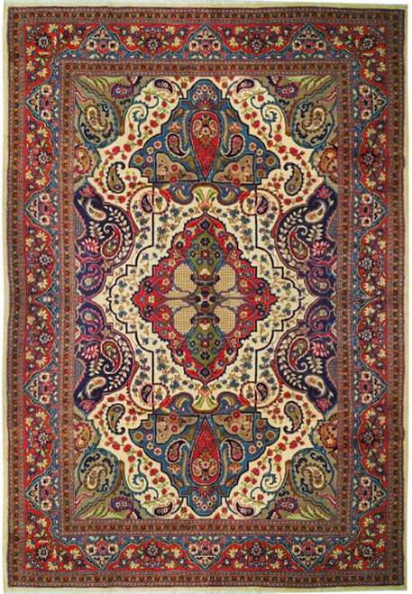 Ivory field Persian Sarouk rug with salmon medallion, navy boteh motifs and floral red border