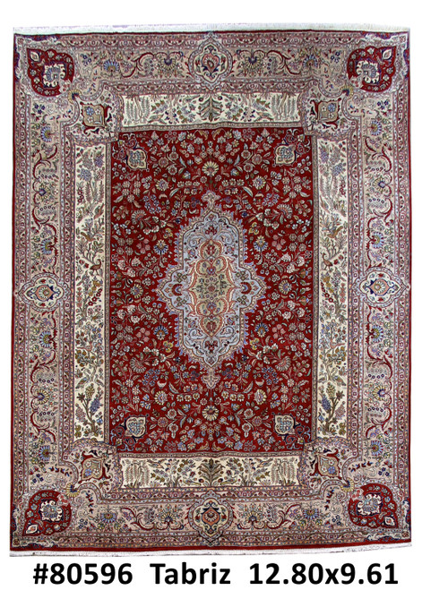 Red 9'7" x 12'10" Persian Tabriz rug with ivory floral borders and light blue medallion