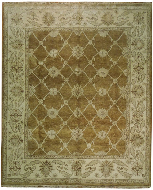 Full view of 8 x 10 Oushak design rug with ivory lattice over olive brown field