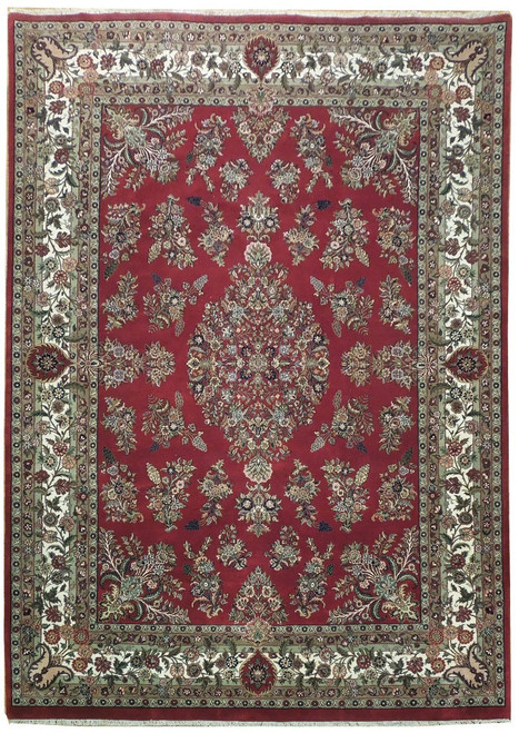 9' x 12'6" red Sarouk design wool rug shown flat with ivory and green floral borders