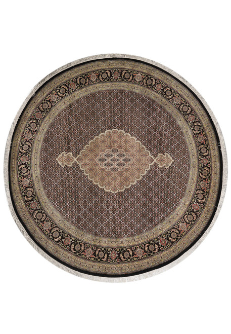 Round 8x8 Mahi Tabriz design rug with black field, ivory medallion and layered floral borders