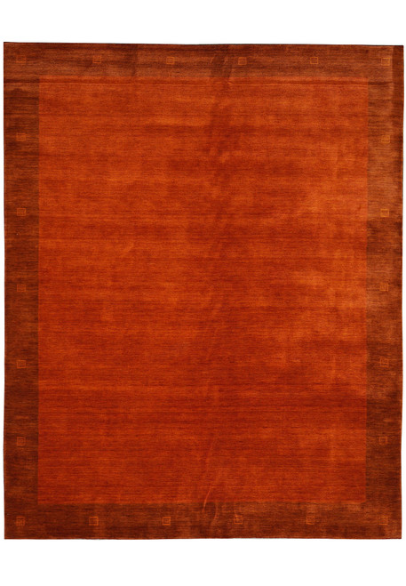 9'3" x 12' burnt orange Gabbeh rug shown flat with plain field and darker banded border