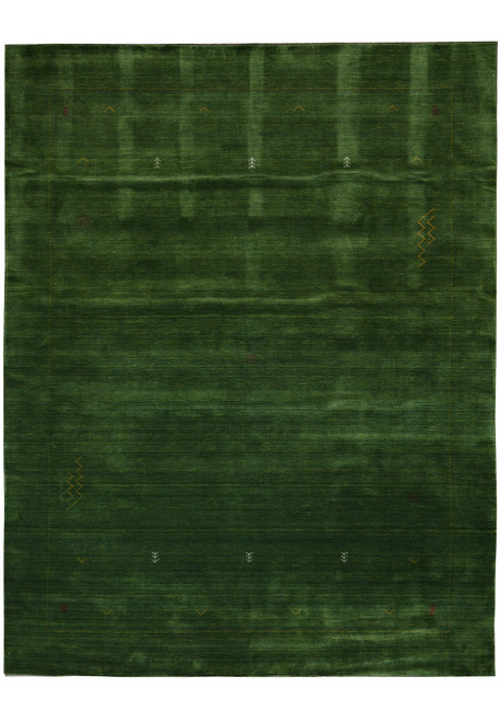 Solid green modern wool rug with gold tribal accents and thin dotted border, overhead view