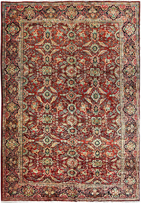 Full overhead view of 10'8" x 16'10" Persian Mahal rug with brick red all over floral field