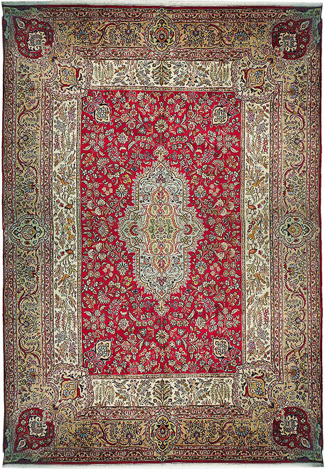 Overhead view of red and ivory Persian Kerman rug with pale celadon floral medallion