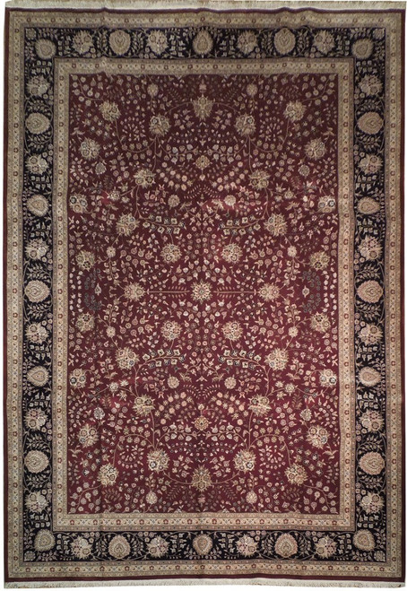 Full view of 9'9" x 13'9" Sino Oriental rug, dark maroon field, black floral border