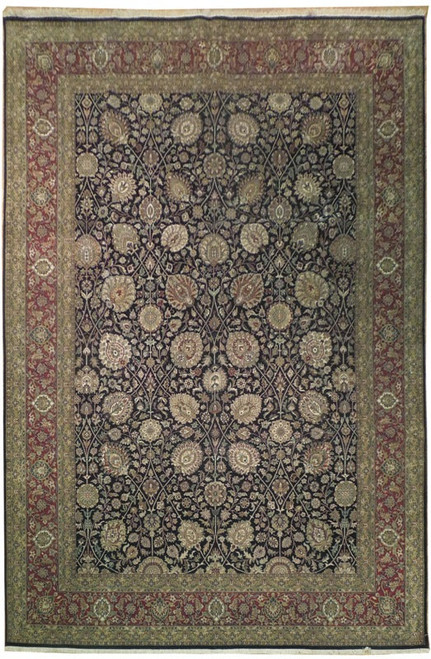 9'9" x 14'5" black Oriental rug with all over floral field and deep red border