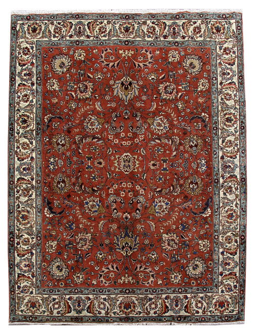Full view of 7'5" x 9'9" Persian Tabriz rug, terracotta red field, ivory palmette border