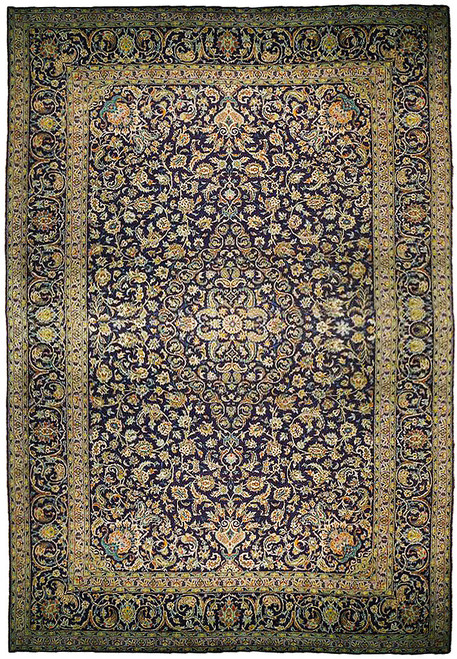 Cobalt blue Persian Kashan rug with ivory central rosette and dense all-over floral vine scrollwork