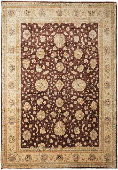 Full overhead catalog view of 9'1" x 12'6" Ziegler rug with burgundy brown field, beige border