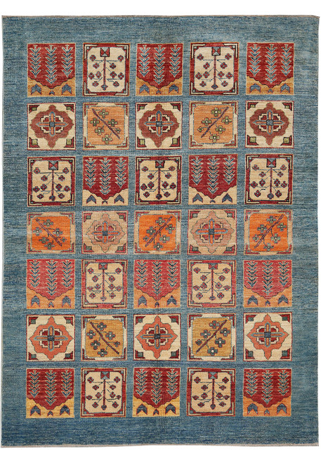 5'8" x 7'5" Kazak Bakhtiar garden panel rug, denim blue field with 35 colorful compartments