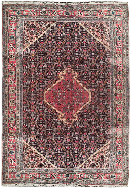 Overhead view of 7'2" x 9'9" Persian Koliai rug, salmon medallion on dark Herati field