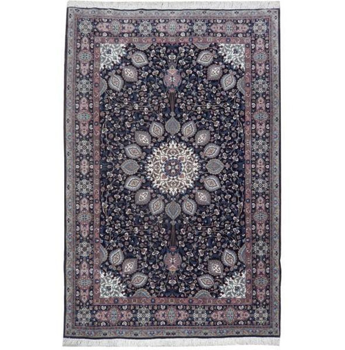 Black blue Persian Tabriz rug with ivory floral medallion and rose cartouche border, full view