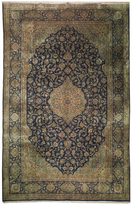 8'2" x 11'7" Persian Kashan rug with navy blue field and green central medallion