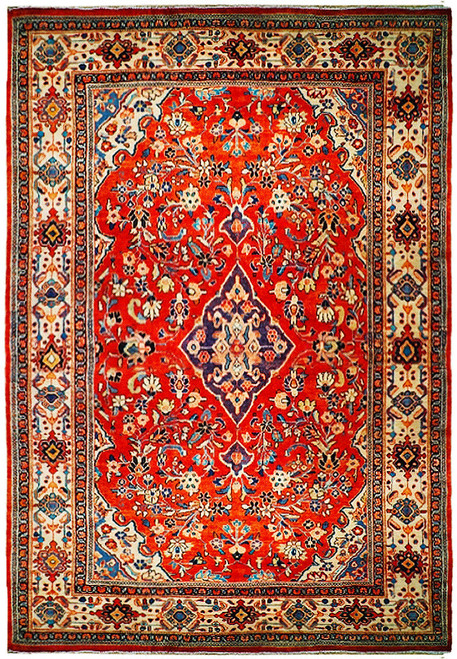 Tomato red Persian Sarouk rug with ivory border and indigo diamond medallion shown flat overhead