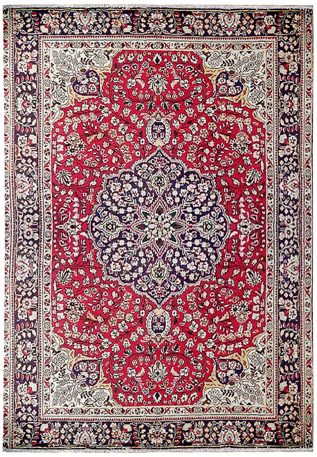 Red Persian Sarouk rug with navy floral medallion, ivory spandrels and deep indigo main border