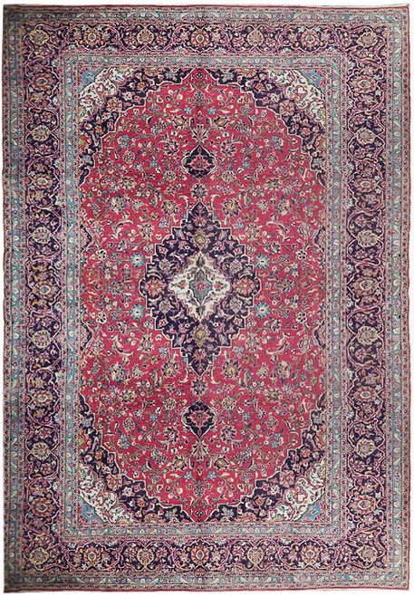 Rose red and navy Persian Kashan rug with ivory lobed medallion and floral field