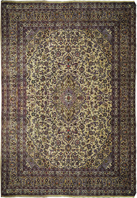 Full overhead view of ivory Persian Kashan rug with lavender medallion and dense floral field
