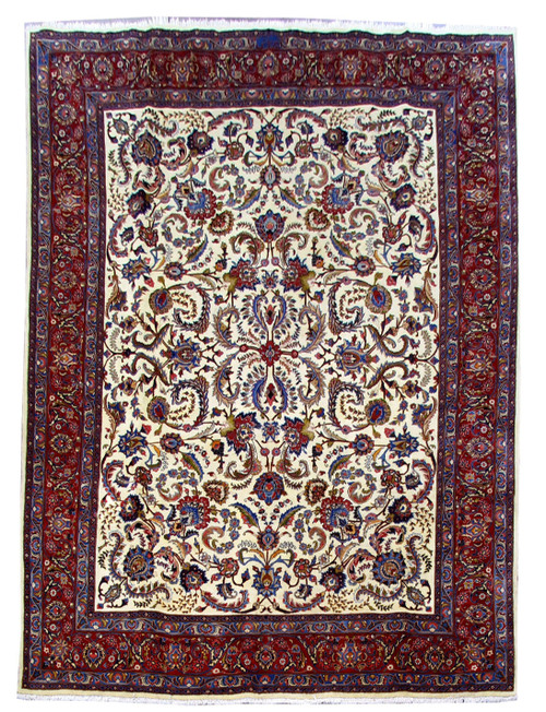 Ivory field Persian Mashad rug with all-over floral design and deep red multi-band border