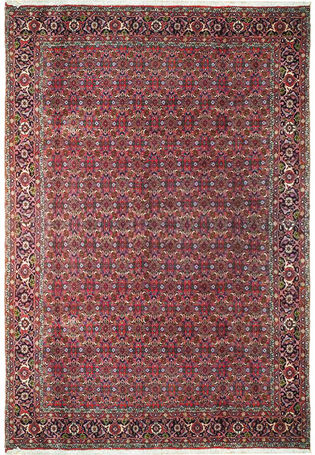 Red Persian Bijar rug with all over Herati fish pattern and black palmette border