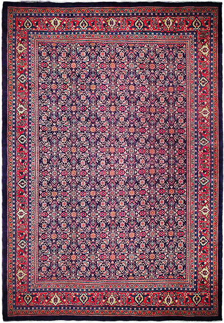 Dark indigo Persian Herati rug with salmon border and all-over rosette lattice, shown flat overhead