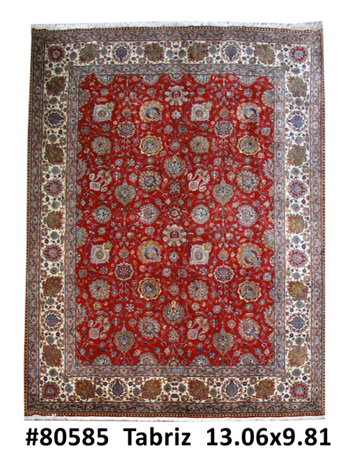 Overhead view of 9'10 x 13'1 red Persian Tabriz rug with ivory floral main border