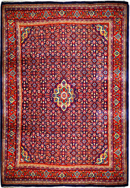 Navy blue and red orange Persian Tabriz rug with all-over Herati fish pattern and ivory medallion