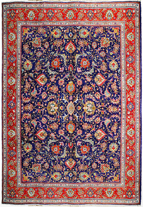Navy blue all-over floral Persian Tabriz rug with red palmette border, full overhead studio view