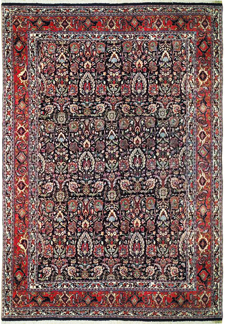 Full overhead view of black field Persian Bijar rug with red orange floral border and ivory guards