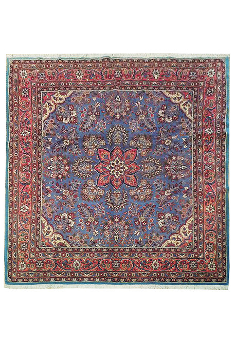 6'10" x 7' Persian Sarouk square rug with sky blue floral field and coral rosette medallion