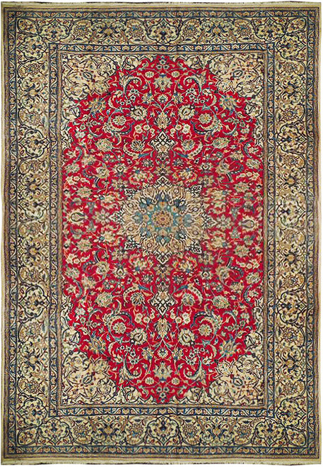 Red and ivory Persian Nain rug with lobed central medallion and dense floral vine field