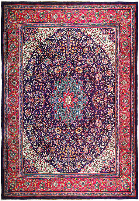 Navy blue Persian Tabriz rug with teal medallion, ivory spandrels and rose red floral border