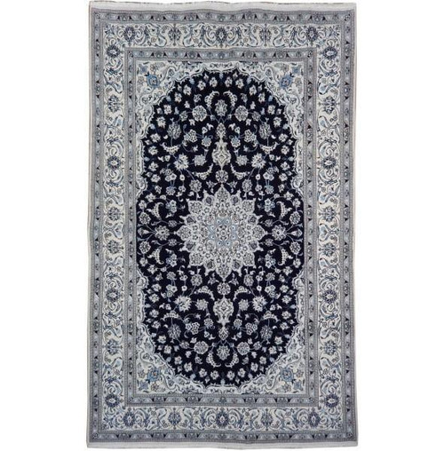 Navy blue and ivory Persian Nain rug with central floral medallion and scrolling ivory border