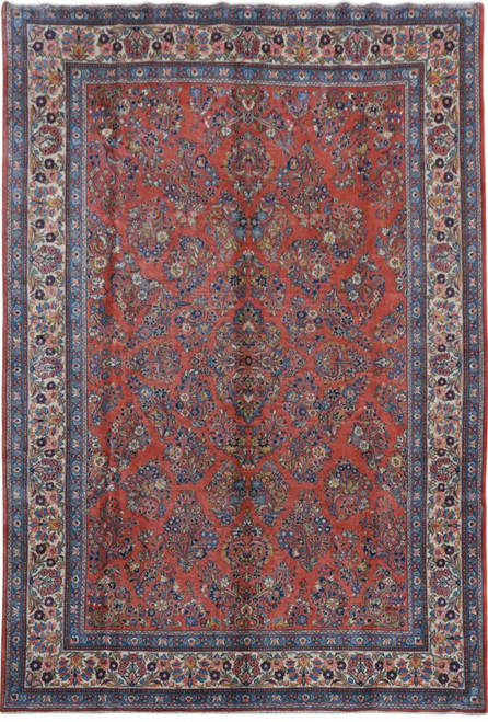 Full overhead view of 7'11" x 11'6" Persian Sarouk rug with salmon red floral field