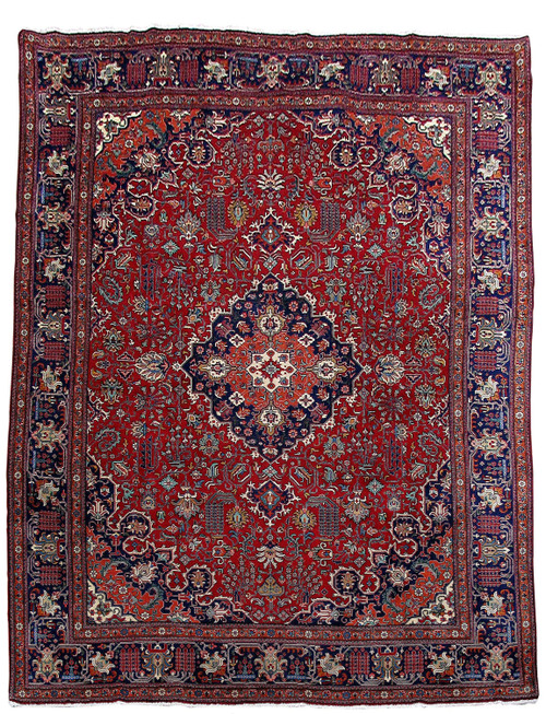 9'9" x 12'9" Persian Tabriz rug photographed flat, red field, navy medallion, ivory floral border