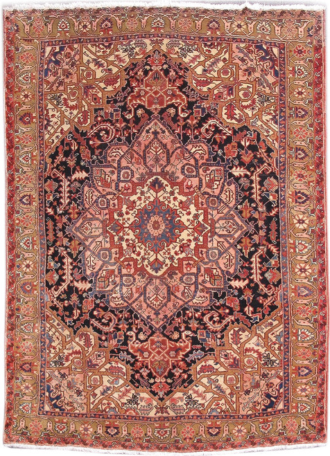 7'8" x 10'8" Persian Heriz rug with navy field, salmon star medallion and camel border