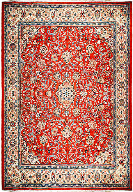 Light red all-over floral field with ivory border on a hand-knotted Persian Sarouk rug