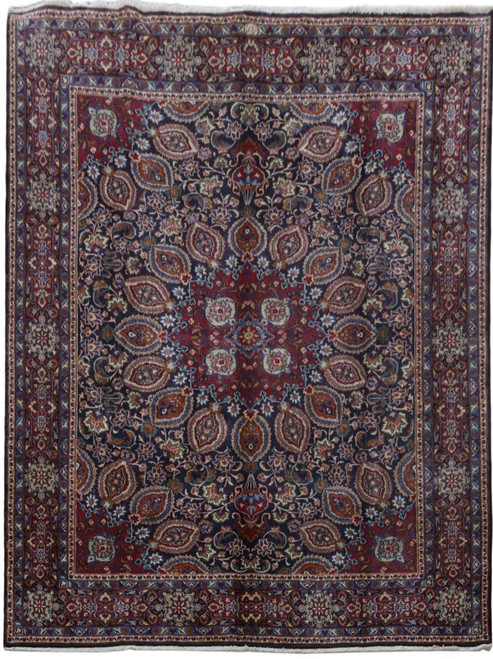 Navy and red 10x13 Persian Moud rug with Sheikh Safi medallion and dense boteh field