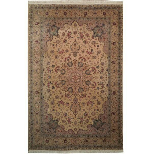 Tan wool and silk Oriental rug with rose medallion and sage floral border, full overhead view