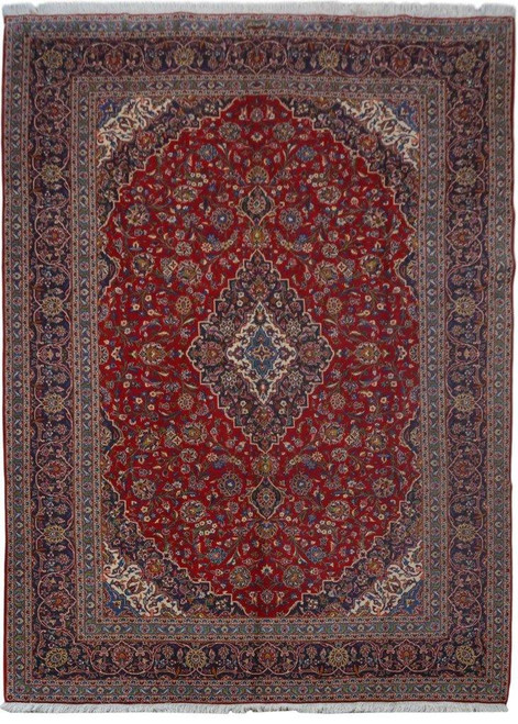 Red Persian Kashan rug 10'2" x 14'1" with ivory medallion and navy floral border